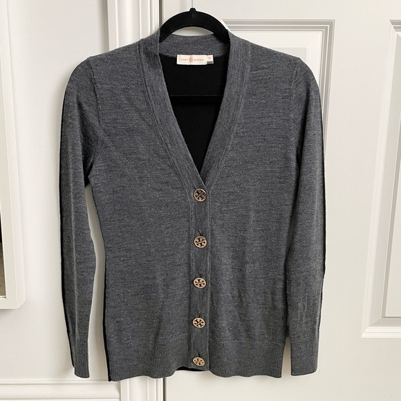 Tory Burch Light Knit Wool Cardigan Gray and Black - Picture 2 of 8